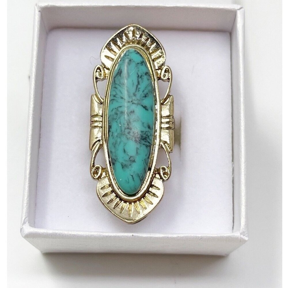 Vintage Gold Tone Faux Turquoise Southwest Statement Cocktail Ring Adjustable